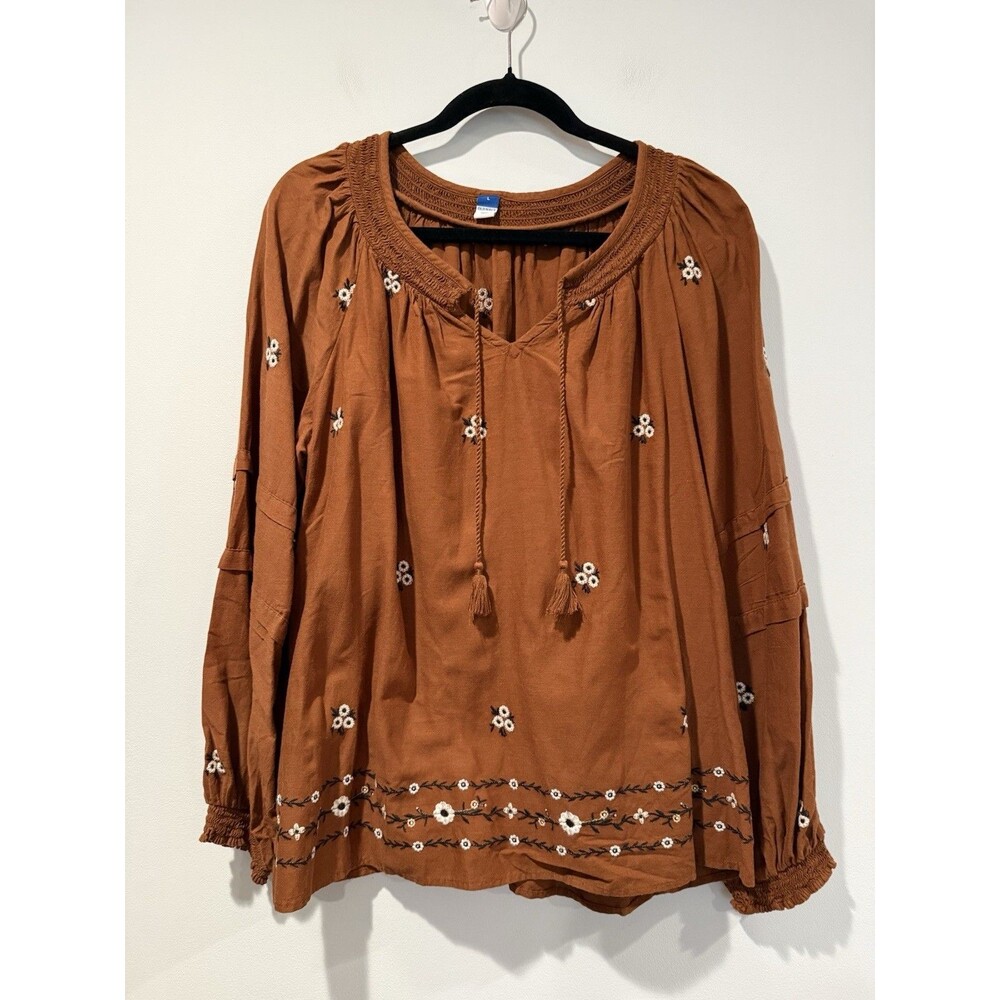Old Navy Peasant Blouse Womens Large Floral Embroidered Tassel Work Boho Cottage